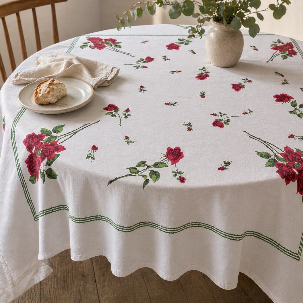 Vintage Red Rose Floral Tablecloth Cottagecore Farmhouse White 45x48